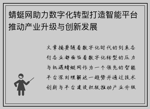 蜻蜓网助力数字化转型打造智能平台推动产业升级与创新发展
