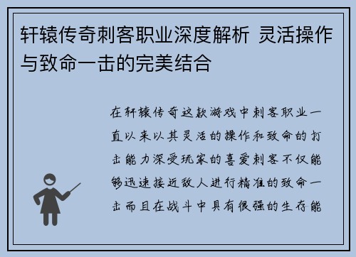 轩辕传奇刺客职业深度解析 灵活操作与致命一击的完美结合
